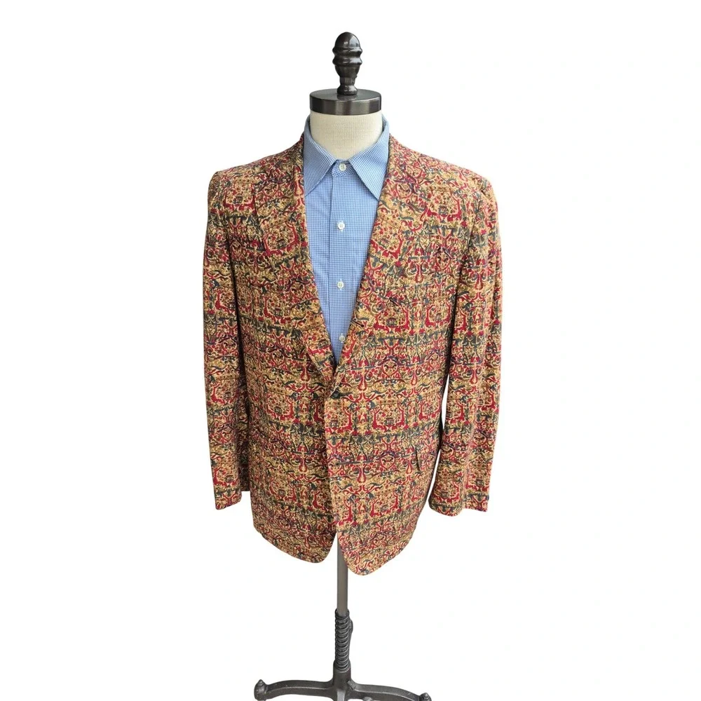Vintage Massey's Charka Batik Blazer Mens Handwoven Tan Red Gold Sport Coat 43 R